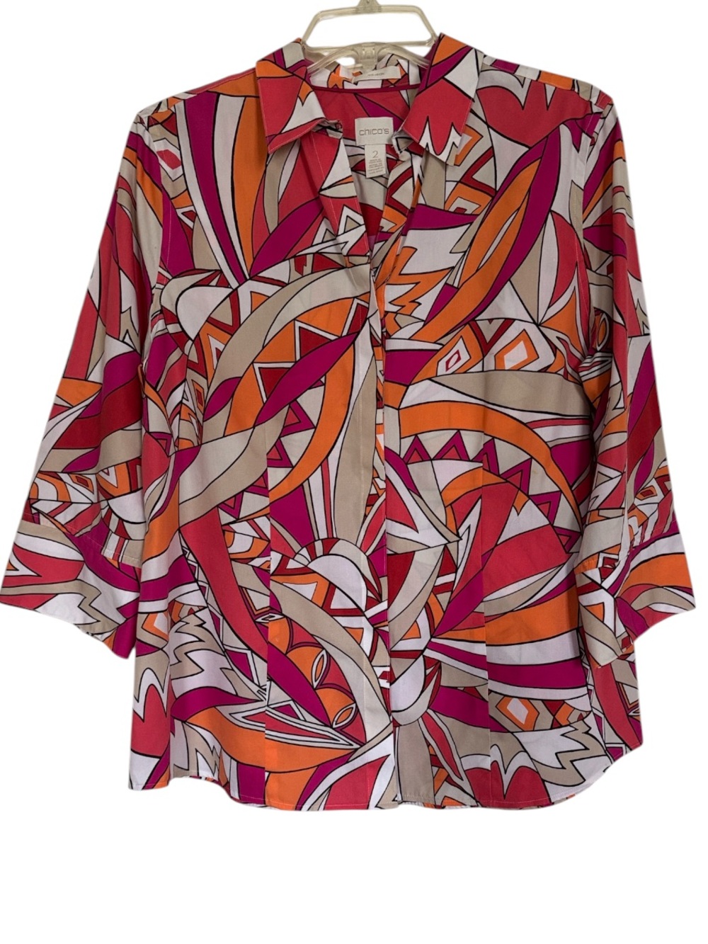 Chico’s Abstract 3/4 Sleeve Orange Pink White Button No Iron Shirt Size 2 (US12)